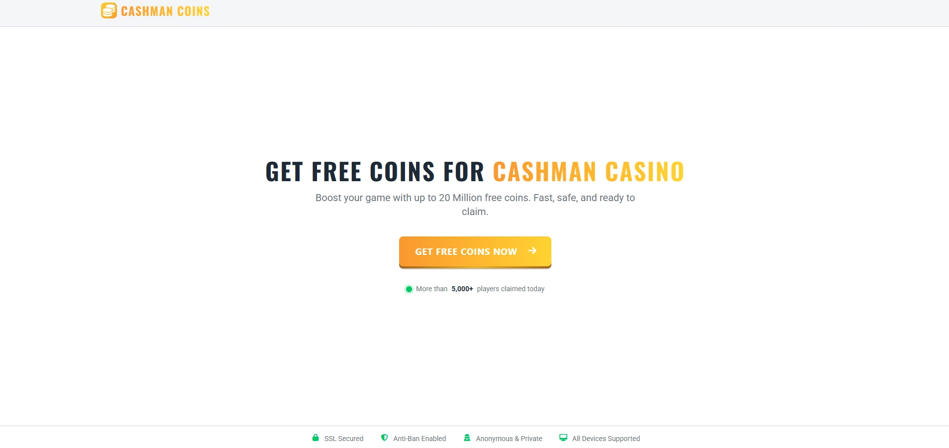 Screenshot of the Cashman Casino free coins generator interface showing the username input and coin selection slider.