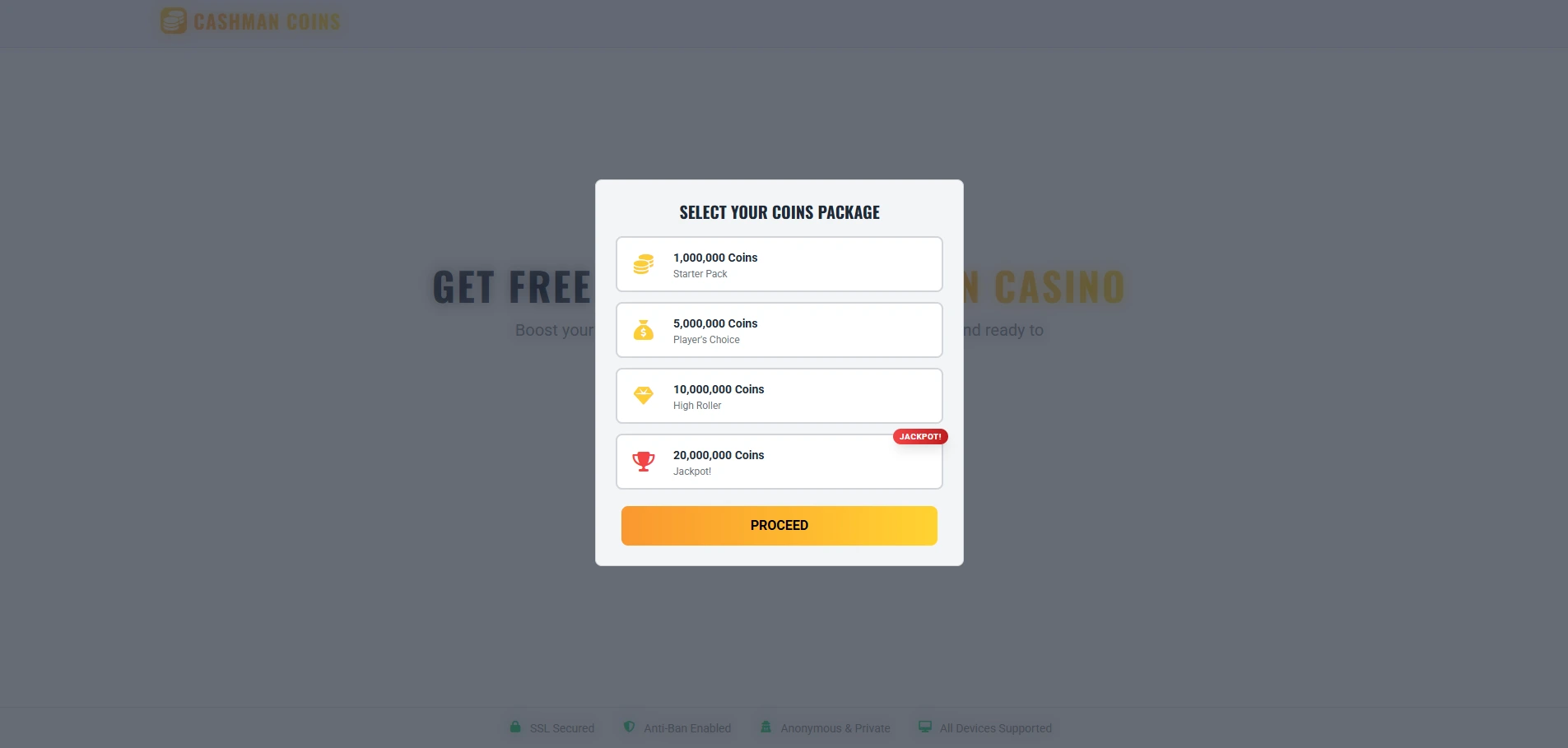 Screenshot showing a success notification after the Cashman Casino free coins have been successfully added to the user's account.
